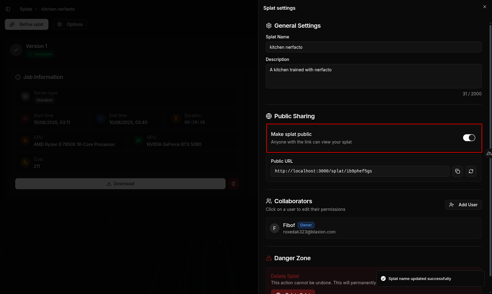 Splat Settings Panel showing the Public Sharing toggle